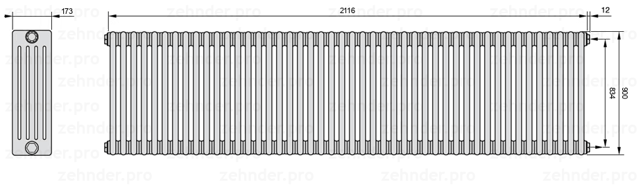 Схема (чертеж) Радиатор Zehnder Charleston 5090/46 №7610 Белый глянцевый RAL 9016